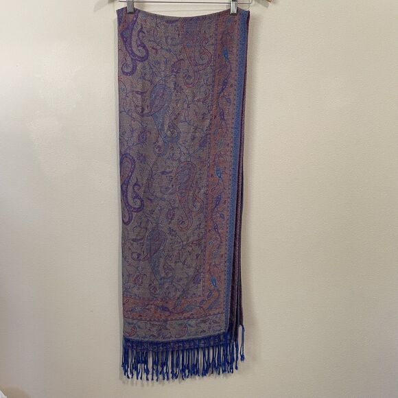 Pashmina 100% Cashmere Scarf Shawl Wrap Paisley Reversible Teal Blue Fringe - Picture 1 of 14